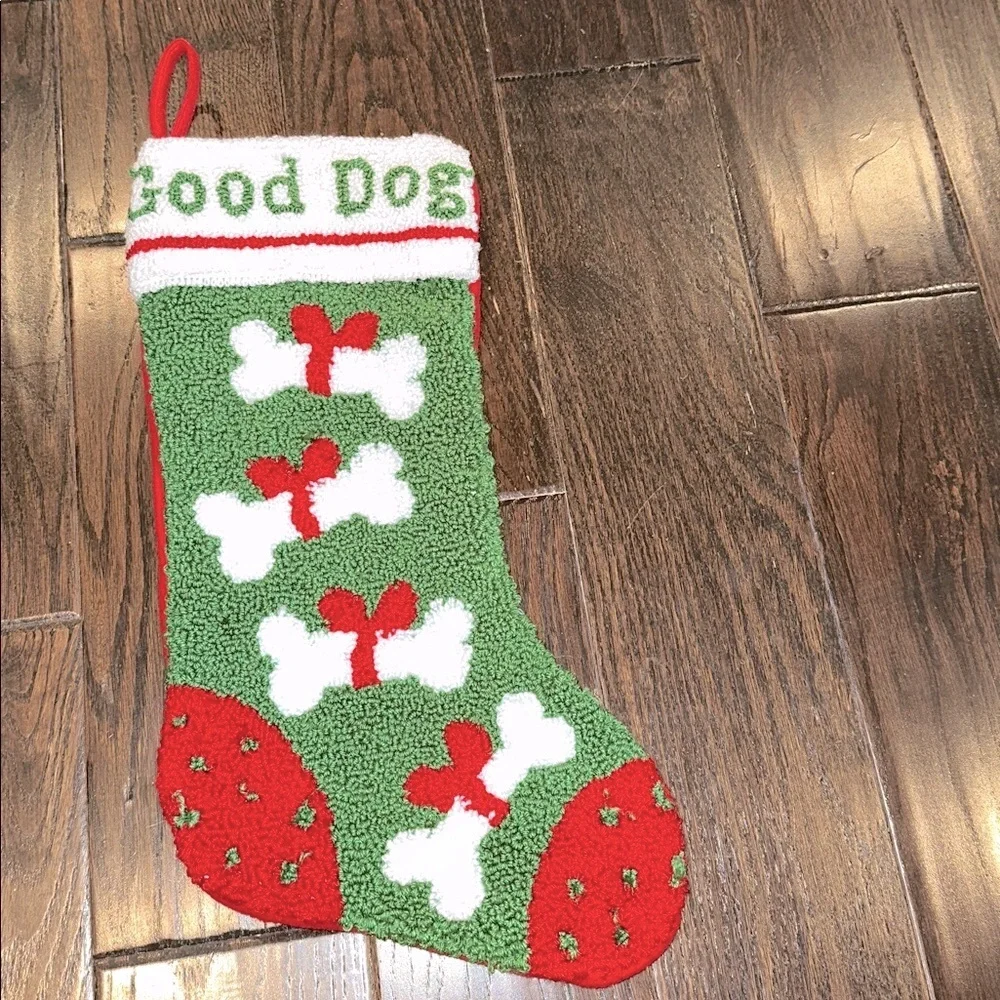 Festive Green and Red Good Dog knit embroidered Christmas Stocking
